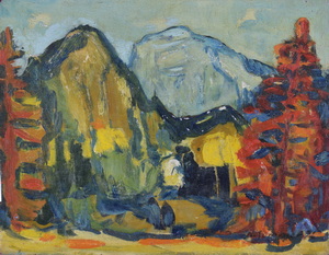 Werkverzeichnis Nr. 903, um 1975, Berge mit roten Bäumen, Öl auf Karton, 37,6 x 48,0 cm