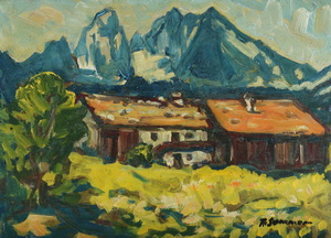 Werkverzeichnis Nr. 900, um 1975, Watzmann mit zwei Häusern, Öl auf Karton, 38,0 x 42,7 cm