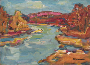 Werkverzeichnis Nr. 891, um 1975, Isar, Öl auf Karton, 38,5 x 53,0 cm