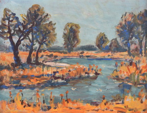 Werkverzeichnis Nr. 863, um 1975, An der Amper, Öl auf Karton, 51,8 x 66,7 cm