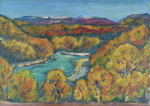 Werkverzeichnis Nr. 892, um 1975, Isar mit Georgenstein, Öl auf Karton, 57,0 x 80,4 cm
