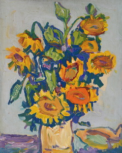 Werkverzeichnis Nr. 906, um 1975, Sonnenblumen in beiger Vase,  Öl auf Hartfaser, 71,2 x 56,9 cm