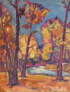 Werkverzeichnis Nr. 905, um 1975, Buchen im Mühltal bei Starnberg, Öl auf Karton, 48,6 x 37,0 cm