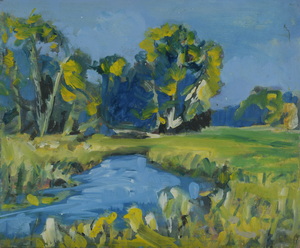 Werkverzeichnis Nr. 859, um 1975, An der Amper, Öl auf Karton, 37,0 x 44,9 cmm