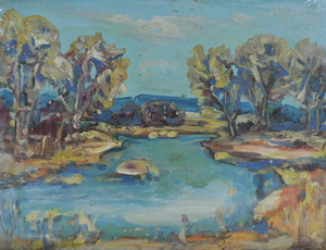 Werkverzeichnis Nr. 862, 1975, Landschaft an der Amper, Öl auf Karton, 37,4 x 48,3 cm