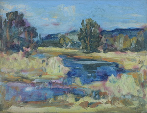 Werkverzeichnis Nr. 866, um 1975, Mooslandschaft mit Wasserflächen, Öl auf Karton, 37,7 x 48,2 cm