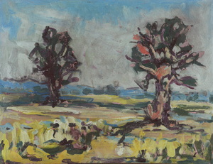 Werkverzeichnis Nr. 881, um 1975, Mooslandschaft mit zwei Bäumen, Öl auf Karton, 37,7 x 48,8 cm