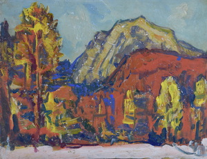 Werkverzeichnis Nr. 902, um 1975, Berg herbstlich gefärbten Bäumen, Öl auf Karton, 37,7 x 48,8 cm