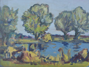 Werkverzeichnis Nr. 870, um 1975, Bäume an einem Weiher, Öl auf Karton, 37,7 x 49,0 cm