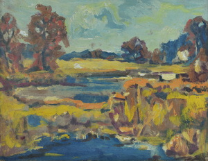 Werkverzeichnis Nr. 871, um 1975, Mooslandschaft mit Tümpeln, Öl auf Karton, 37,9 x 48,3 cm