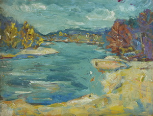 Werkverzeichnis Nr. 890, um 1975, Isar, Öl auf Karton, 38,0 x 49,2 cm
