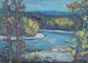 Werkverzeichnis Nr. 889, um 1975, Isar, Öl auf Karton, 38,0 x 52,2 cm