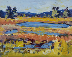 Werkverzeichnis Nr. 869, um 1975, Mooslandschaft Tümpeln mit Bäumen, Öl auf Karton, 67,0 x 44,8 cm
