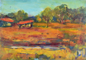 Werkverzeichnis Nr. 886, um 1975, Dachauer Moos, Öl auf Karton, 40,3 x 57,1 cm
