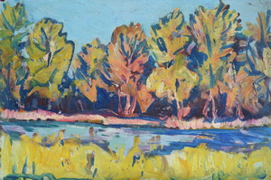 Werkverzeichnis Nr. 865, um 1975, An der Amper, Öl auf Karton, 40,3 x 61,3 cm