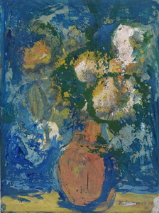 Werkverzeichnis Nr. 931, 1976, Sonnenblumen in brauner Vase, um 1995 farbig übermalt, Öl auf Karton 59,5 x 44,6 cm,
						bez. u.r.:  K. Sommer 76