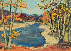 Werkverzeichnis Nr. 914, 1976, Gewässer mit Bäumen, Öl auf Karton 38,4 x 56,8 cm,
						bez. u.r.:  K. Sommer 76