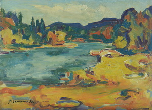 Werkverzeichnis Nr. 916,  1976, Gewässer mit Wald, Öl auf Karton, 38,2 x 53,1 cm,
						bez. u.l.:  K. Sommer 76