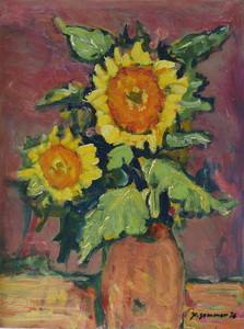 Werkverzeichnis Nr. 922, 1976, Sonnenblumen vor braunrotem Grund, Öl auf Karton, 59,4 x 44,8 cm,
						bez. u.r.:  K. Sommer 76