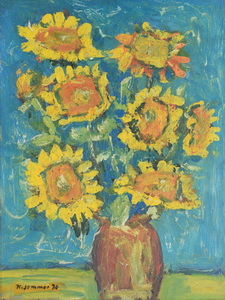 Werkverzeichnis Nr. 923, 1976, Sonnenblumen vor türkisem Grund, Öl auf Karton, 59,5 x 44,0 cm, 
						bez. u.l.:  K. Sommer 76