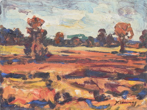 Werkverzeichnis Nr. 933, um 1976, Mooslandschaft mit Bäumen in braunen Farben, Öl auf Karton, 52,2 x 37,8 cm, bez. u.r.:  K. Sommer