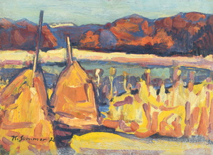 Werkverzeichnis Nr. 913,  1976, Heuhocken an einem See, Öl auf Karton, 38,5 x 52,9 cm,
						bez. u.l.:  K. Sommer 76