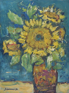 Werkverzeichnis Nr. 924, 1976, Sonnenblumen in brauner Vase vor blauer Wand, Öl auf Karton 59,0 x 44,5 cm,
						bez. u.l.:  K. Sommer 76