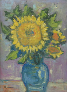 Werkverzeichnis Nr. 926, 1976, Drei Sonnenblumen in blauer Vase, Öl auf Karton 59,4 x 44,5 cm,
						bez. u.l.:  K. Sommer 76