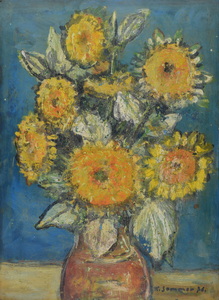 Werkverzeichnis Nr. 928, 1976, Sonnenblumen in brauner Vase vor dunkelblauer Wand, Öl auf Karton 59,5 x 44,7 cm,
						bez. u.r.:  K. Sommer 76