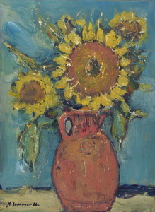 Werkverzeichnis Nr. 929, 1976, Sonnenblumen in braunem Krug vor blauer Wand 59,6 x 44,0 cm,
						bez. u.l.:  K. Sommer 76