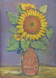 Werkverzeichnis Nr. 930, 1976, Sonnenblumen in brauner Vase vor lila Wand, Öl auf Karton 59,7 x 44,7 cm,
						bez. u.r.:  K. Sommer 76