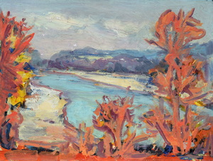 Werkverzeichnis Nr. 947, um 1976, Isar,  Öl auf Karton, 44,7 x 59,95 cm