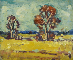 Werkverzeichnis Nr. 937, um 1976, Mooslandschaft mit Bäumen, Öl auf Hartfaser, 37,0 x 44,9 cm