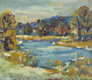 Werkverzeichnis Nr. 944, um 1976, Flusslandschaft,  Öl auf Karton, 26,0 x 30,2 cm