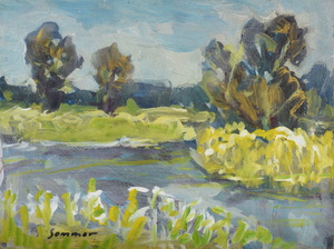 Werkverzeichnis Nr. 952,> um 1976, Mooslandschaft mit Gewässer, Öl auf Karton, 27,3 x 36,5 cm