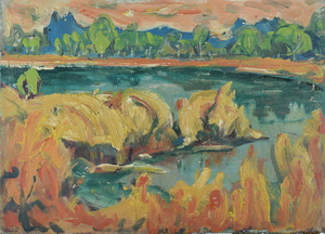 Werkverzeichnis Nr. 954, um 1976, Schilf, Gewässer, Bäume und Berge, Öl auf Karton, 36,0 x 52,0 cm