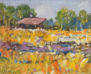 Werkverzeichnis Nr. 950, um 1976, Dachauer Moos, Öl auf Karton, 36,8 x 45,6 cm
