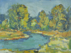 Werkverzeichnis Nr. 955, um 1976, Bach mit Wiesen und Bäumen, Öl auf Karton, 37,0 x 48,8 cm