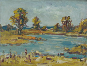 Werkverzeichnis Nr. 956, um 1976, Mooslandschaft mit See, Acryl auf Karton, 37,4 x 49,0 cm