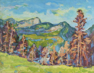 Werkverzeichnis Nr. 977,  1976, Berge mit Bäumen, Öl auf Karton, 37,6 x 48,6 cm