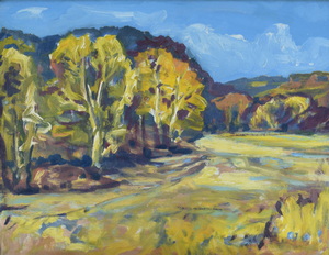 Werkverzeichnis Nr. 973, um 1976, Wald und Felder, Acryl auf Karton, 37,8 x 48,6 cm