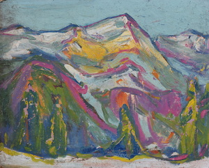 Werkverzeichnis Nr. 978, um 1976, Gebirgsmassiv, Öl auf Karton, 38,0 x 48,2 cm