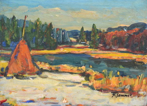 Werkverzeichnis Nr. 971, um 1976, Winterlicher See mit roter Heuhocke, Öl auf Karton, 38,0 x 53,0 cm