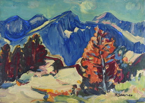 Werkverzeichnis Nr. 979, um 1976,  Gebirgsmassiv in Blau, Öl auf Karton, 38,4 x 53,0 cm