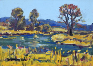 Werkverzeichnis Nr. 958, um 1976, Mooslandschaft mit Bäumen, Öl auf Karton, 38,5 x 53,0 cm