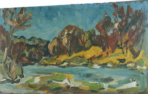Werkverzeichnis Nr. 959,um  1976, Gewässer mit Bäumen und Wald, Öl auf Hartfaser, 38,6 x 60,5 cm