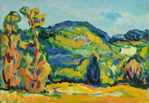 Werkverzeichnis Nr. 983, um 1976, Hügelige Landschaft mit Bäumen, Öl auf Karton, 39,6 x 57,0 cm