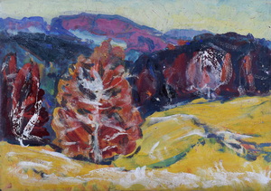 Werkverzeichnis Nr. 974, um 1976,  Hügelige Landschaft mit Bäumen, Öl auf Karton, 39,8 x 56,9 cm