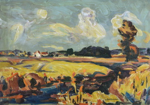 Werkverzeichnis Nr. 938, um 1976, Mooslandschaft mit Häusern, Öl auf Karton, 40,0 x 57,2 cm