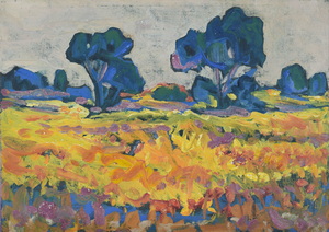 Werkverzeichnis Nr. 939, um 1976, Mooslandschaft : Gelbe Felder mit blaugrünen Bäumen, Öl auf Karton, 40,1 x 57,0 cm